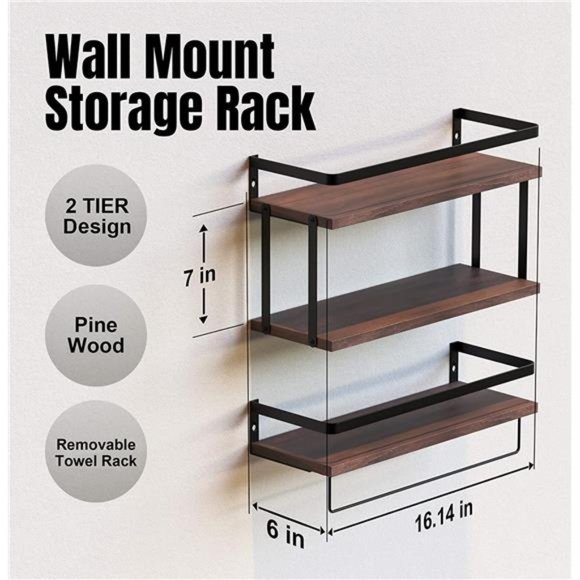 2+1 Tier Wall Mounted Floating Shelves Set of 2, Rustic Wood Wall Shelf - Picture 2 of 6